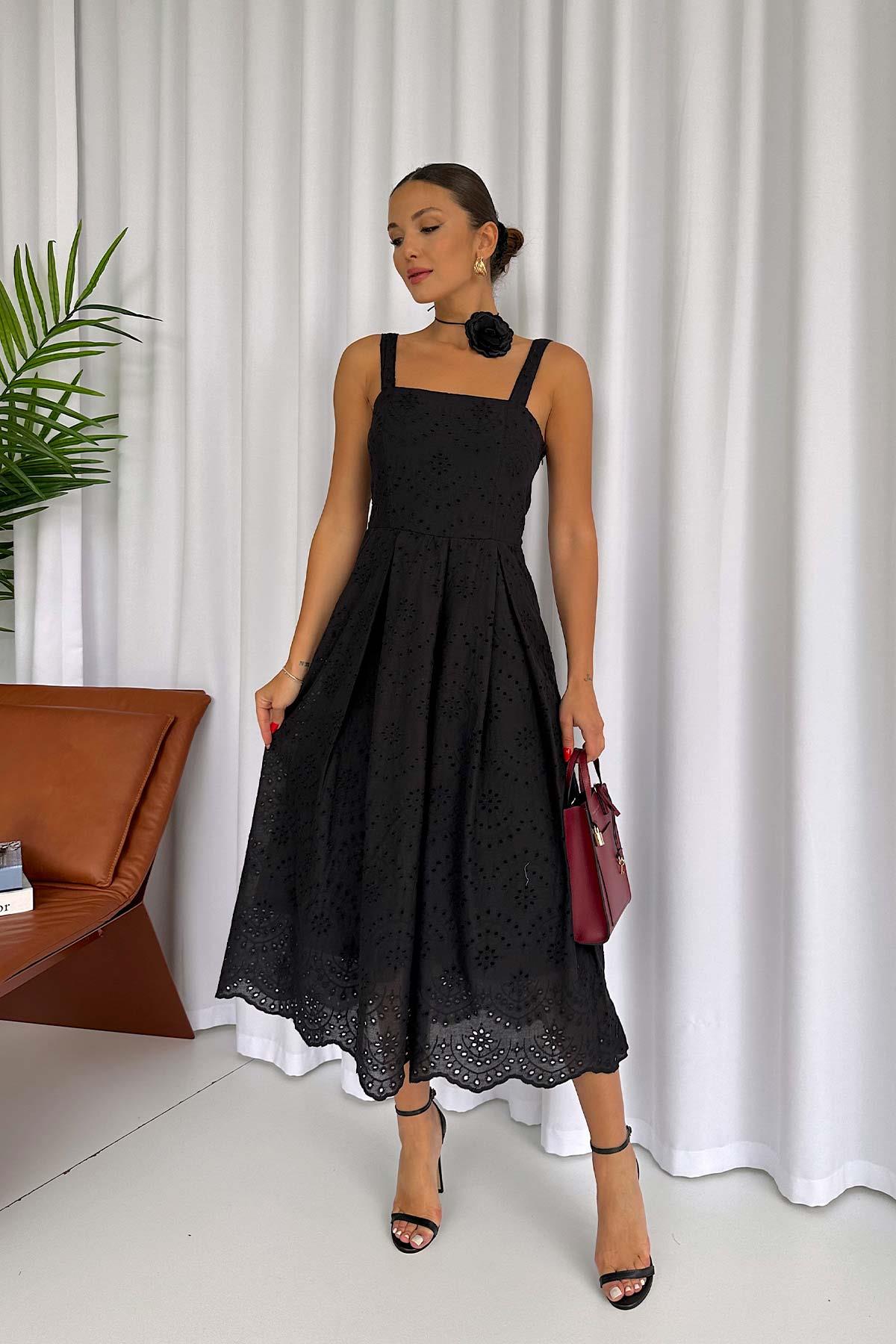 İnce Askılı Kolsuz Fisto Kadın Elbise - Siyah