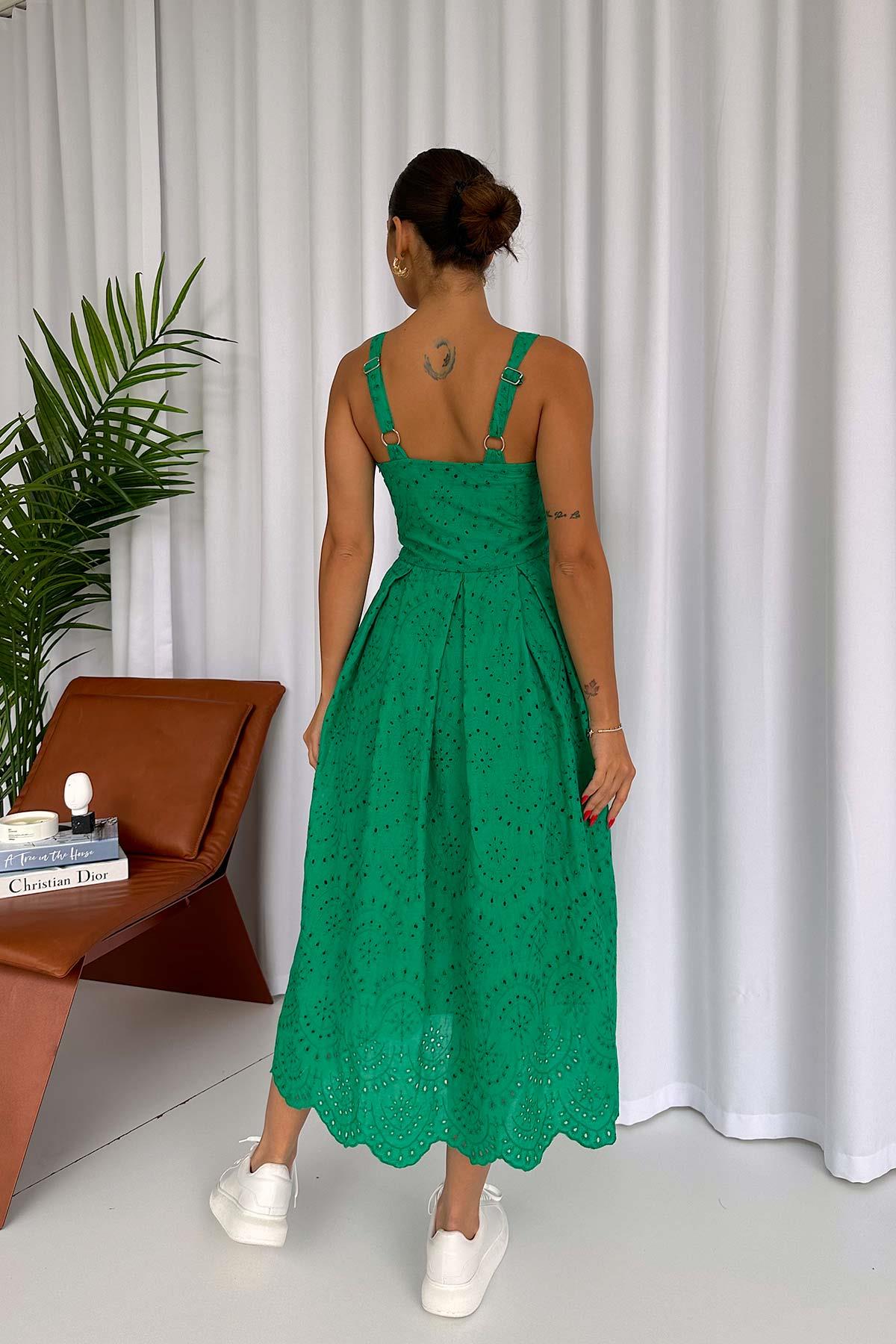 İnce Askılı Kolsuz Fisto Kadın Elbise - Yeşil