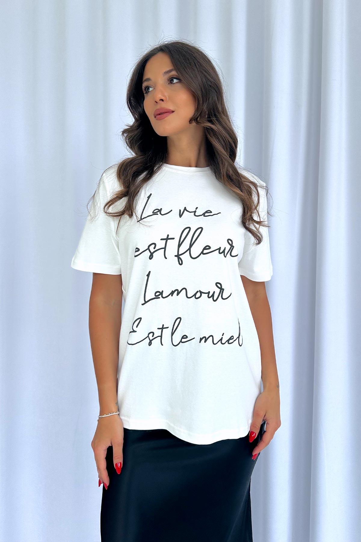 Kısa Kol Yazılı T-Shirt - Beyaz