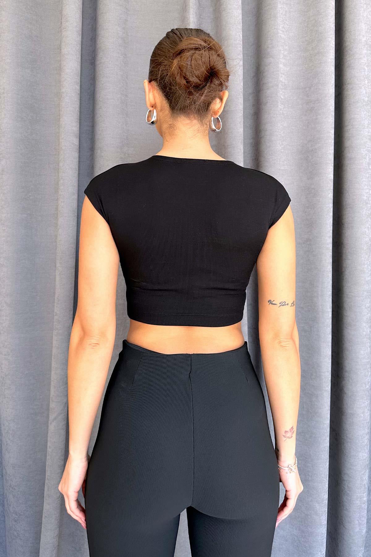 Bisiklet Yaka Pamuklu Ve Modal Karışımlı Crop - Siyah