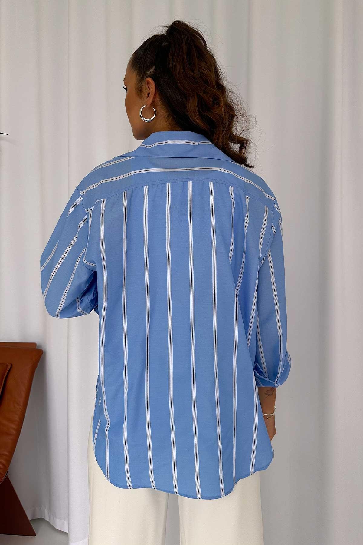 Çizgili Kadın Gömlek - Bebe Mavi