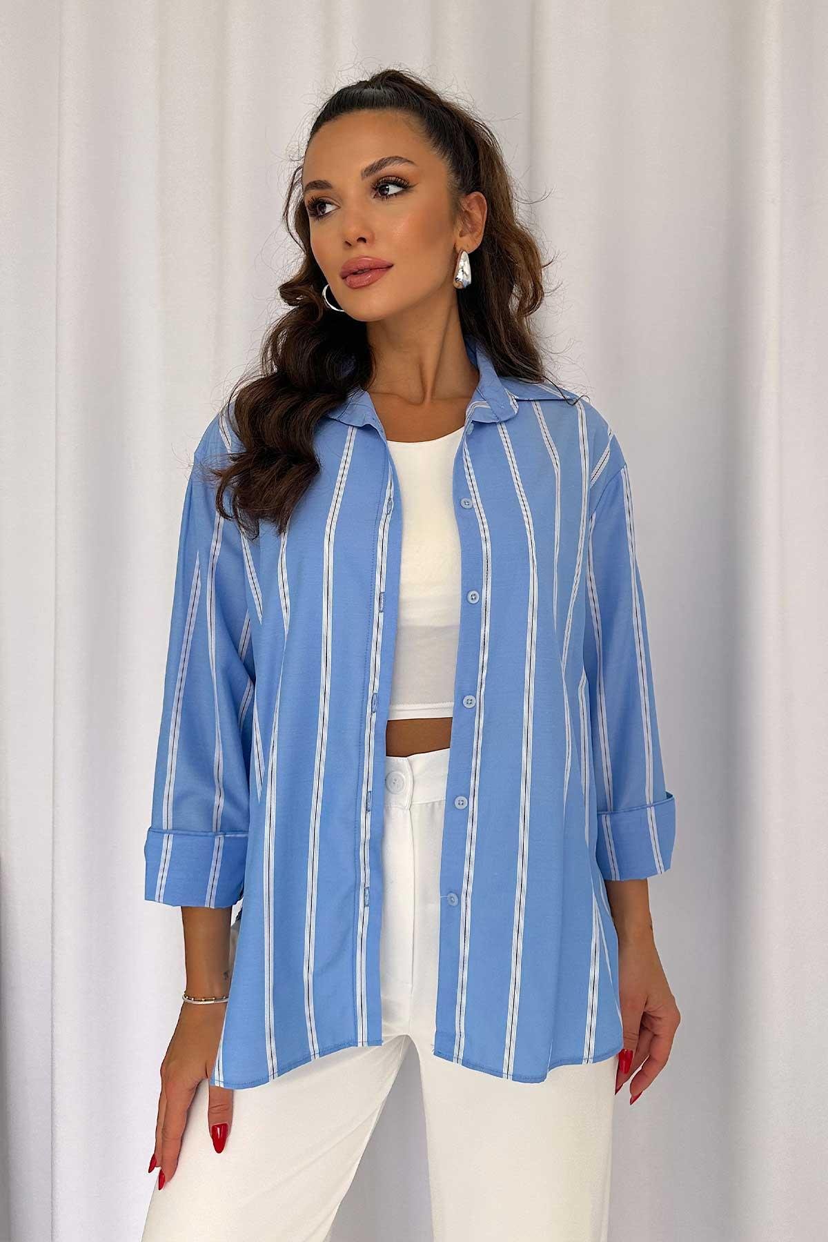 Çizgili Kadın Gömlek - Bebe Mavi