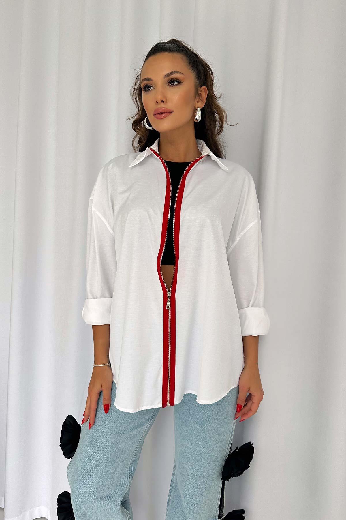 Boydan Kırmızı Fermuar Detaylı Kadın Gömlek