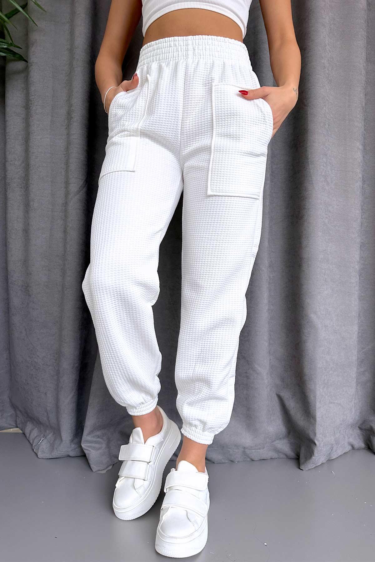Petek Dokulu Jogger Eşofman Altı - Beyaz